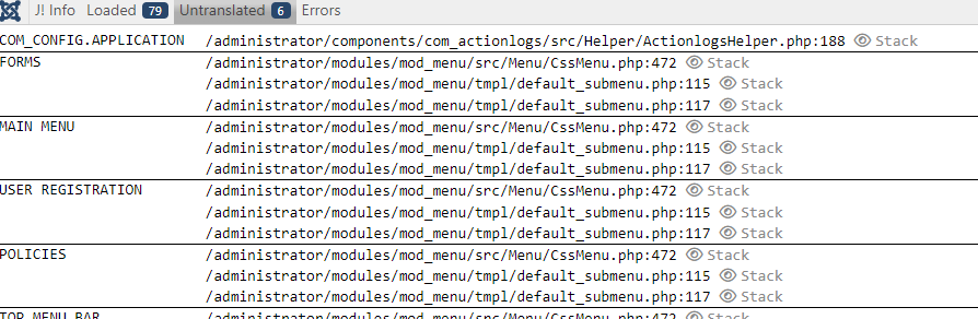 debug bar showing the locations of untranslated strings